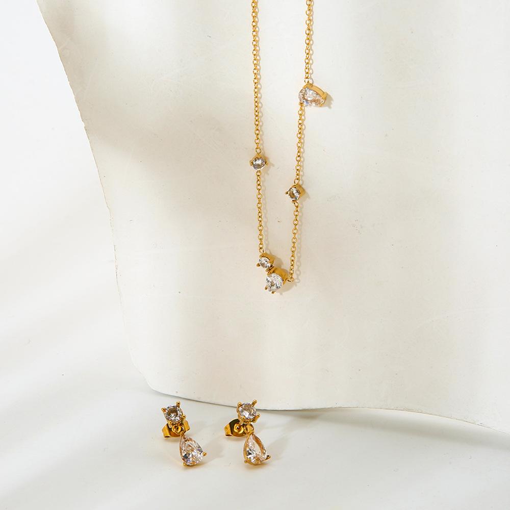 Geometric water drop zircon pendant stainless steel stud earrings necklace does not fade light luxury high-end jewelry set women
