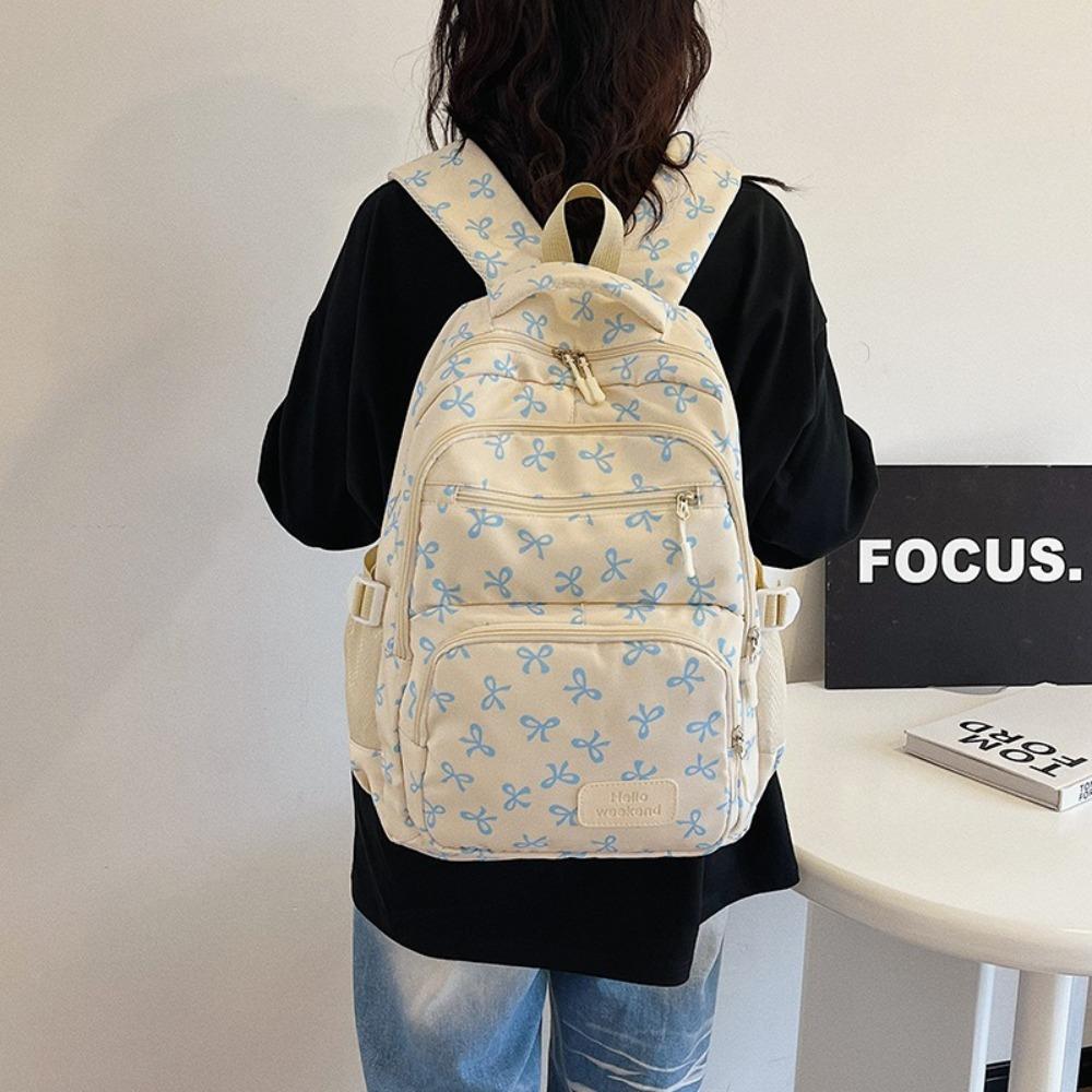 3 Pcs/Set Fashion Large Capacity Bow Backpack Bow Print Adjustable Strap Student Backpack Nylon School Bag