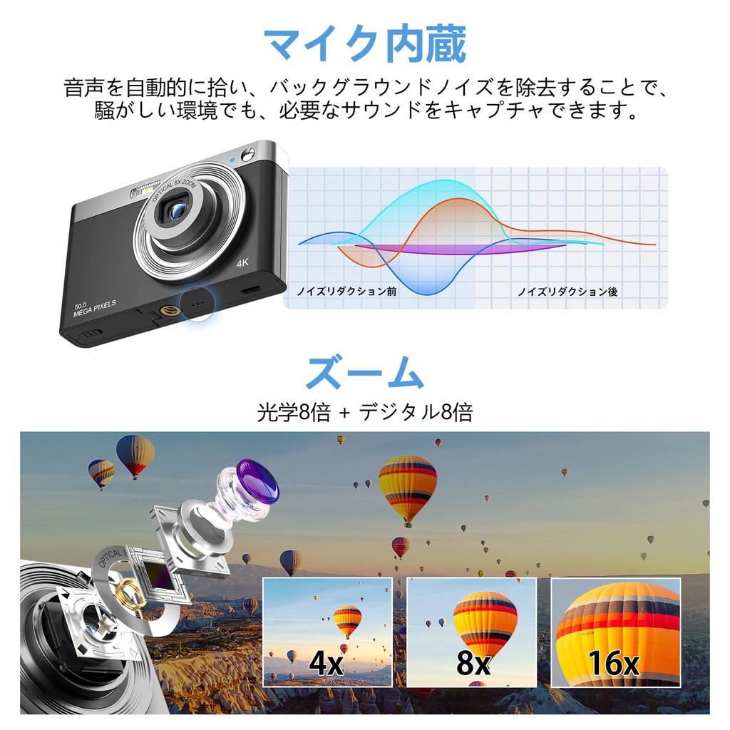 Popular 50MP digital camera with 8x optical zoom, compact, lightweight, and rechargeable. Features autofocus, HD 4K recording, a 2.88-inch IPS