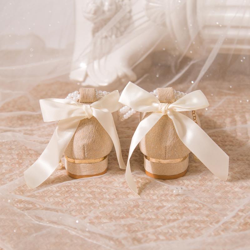 Fashion Bead Bow Women Mid Heels Shoes Designer Pointed Toe Elegant Pumps 2025 Autumn New Elegant Party Shoes Wedding Zapatillas Mujer