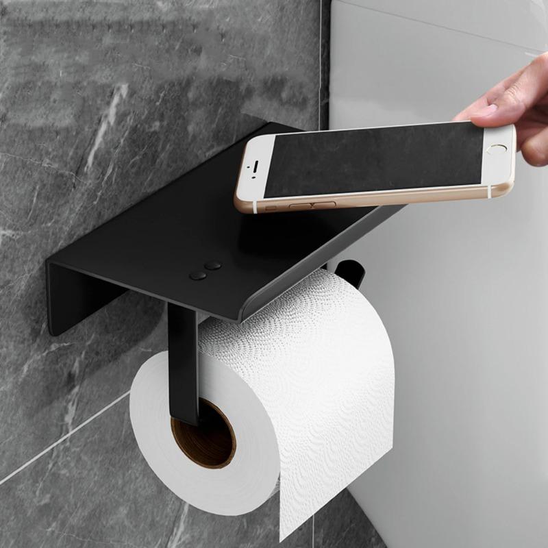 Toilet Paper Holder Phone Shelf 2 in 1 No Drill Wall Mount Bathroom Tissue Roll Storage Rack Organizer Bathroom Accessories