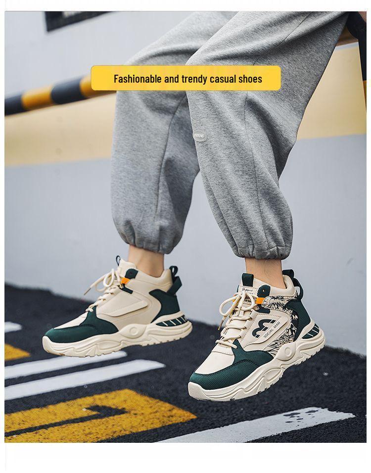 Men's Trendy High-Top White Sneakers - Breathable, Thick-Soled Casual Dad Shoes