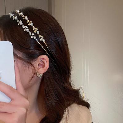 Tiara Pearl Baroque Rhinestone Hair Band Girl Thin Hair Hoop Korean Style Headwear Leaf Headband