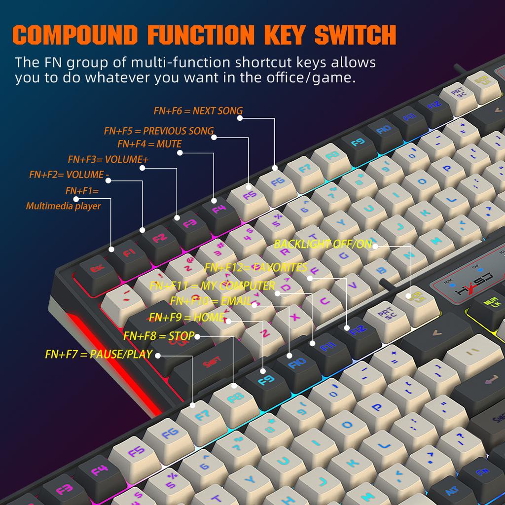 HXSJ V600B For Gaming 96 Keys Wired Keyboard RGB Backlit Mechanical Feel Membrane Keyboard