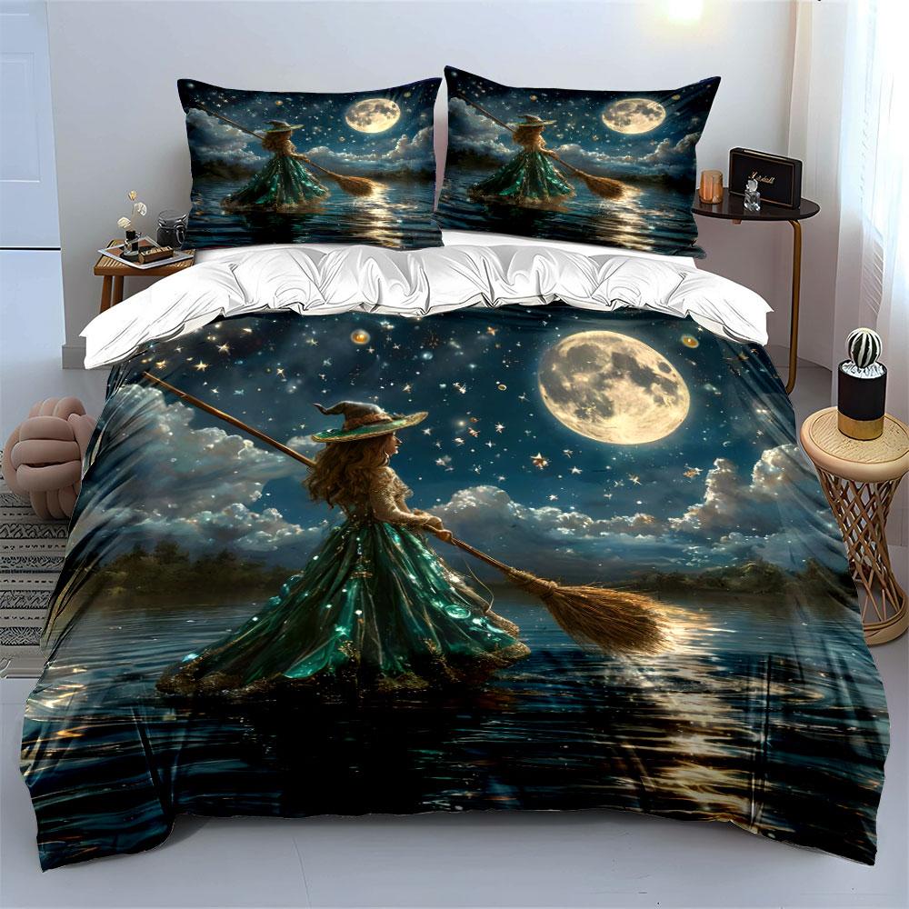 3Pcs Magical Witch Bedding Set,Young Witch on a Broom Under the Moon Print Duvet Cover + 2 Pillowcases,Fantasy Halloween Decor