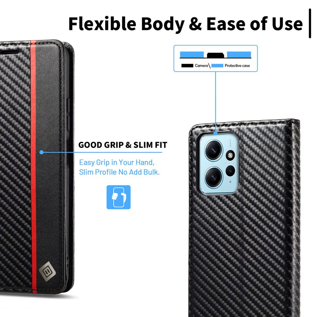 LC.IMEEKE For Xiaomi Redmi Note 12 4G Leather Phone Case Carbon Fiber Texture Phone Wallet Stand Cover