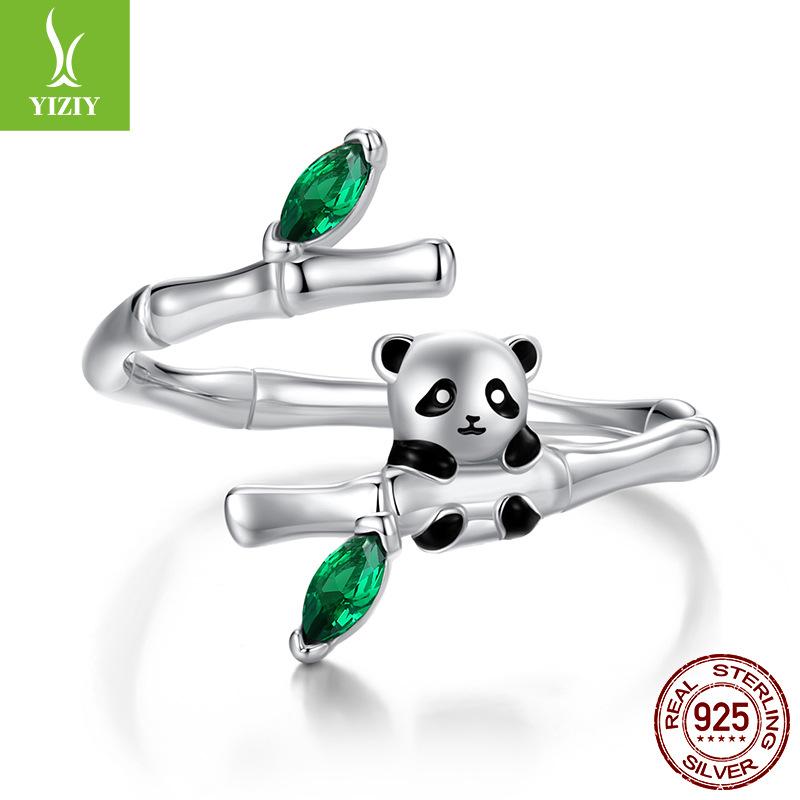 Cute Little Animal S925 Sterling Silver Panda Bamboo Open Ring Female Niche Premium Light Luxury