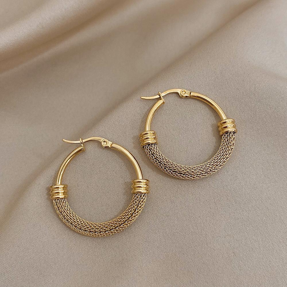 FLASHBUY Stainless Steel Gold Color Geometric Metal Mesh Earrings for Women Girls New Trend Hoop Ear Jewelry Gift