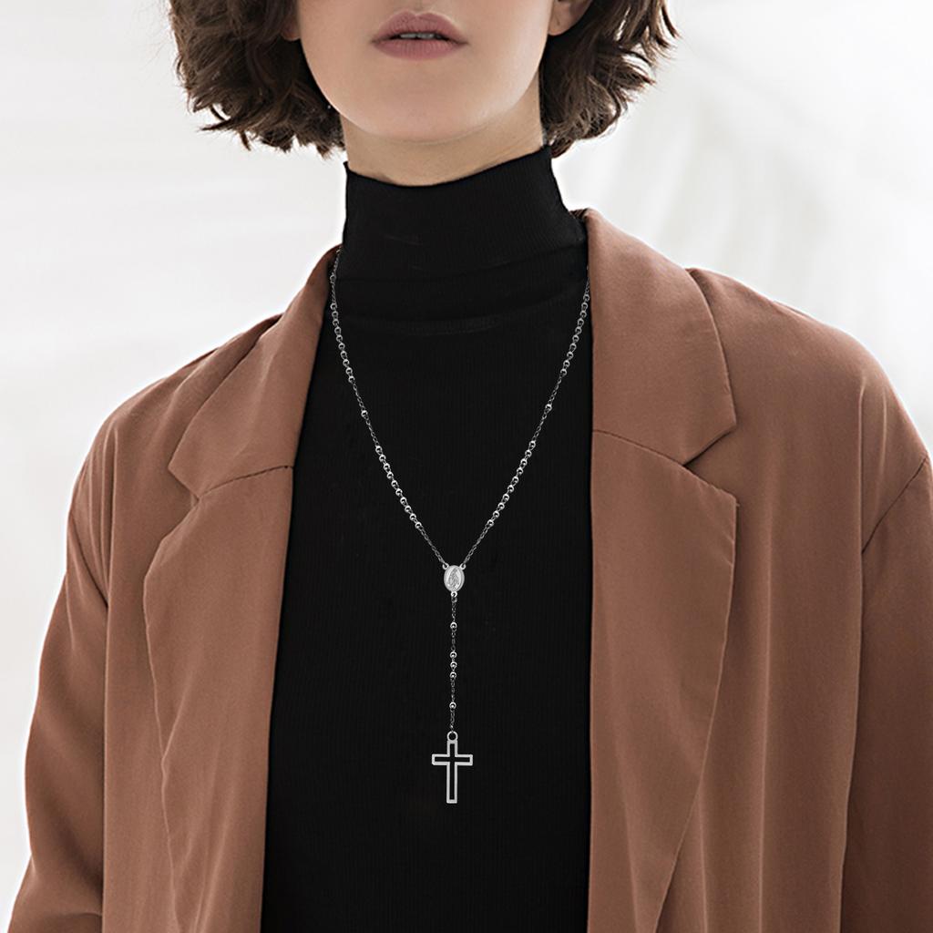 Kreuz Rosenkranz Halsketten für Damen, Jungfrau Maria Anhänger Cruz Halskette, Edelstahl Christus Schmuck