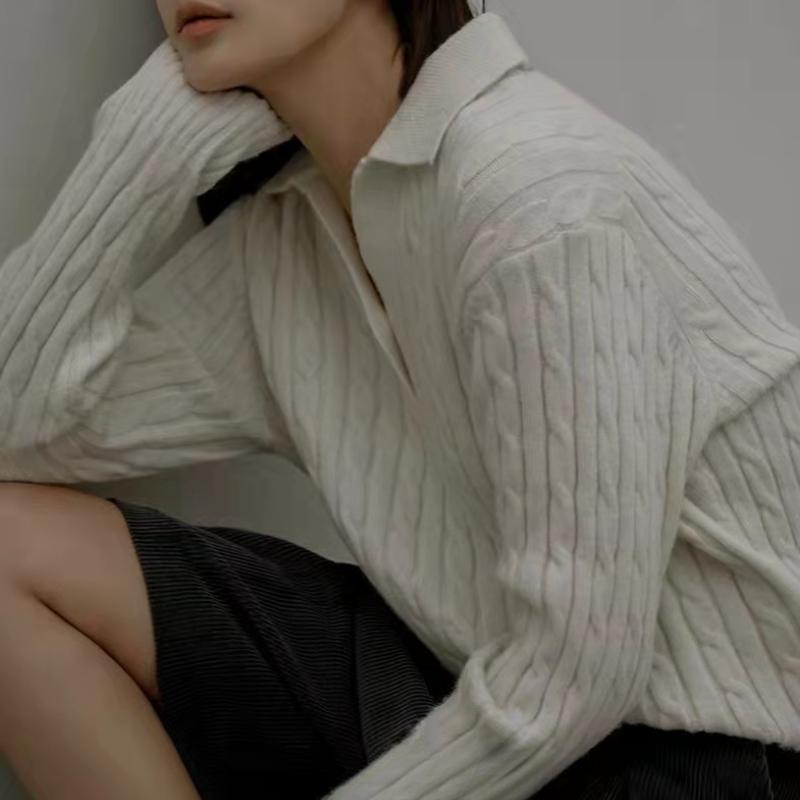 New Fashion Women Autumn Pullover Sweater Long Sleeve Turn Down Collar Winter Knitwears Jumpers Loose Knitted Sweaters for Women Elegant Tops 25311