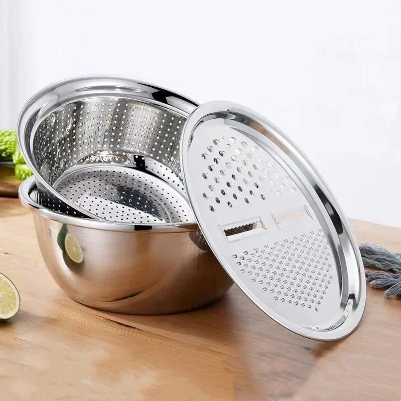 3 In 1 Stainless Steel Vegetable Strainer Slicer Cutter Graters Drain Basket Vegetable Salad Maker Bowl Kitchen Accessories Tool