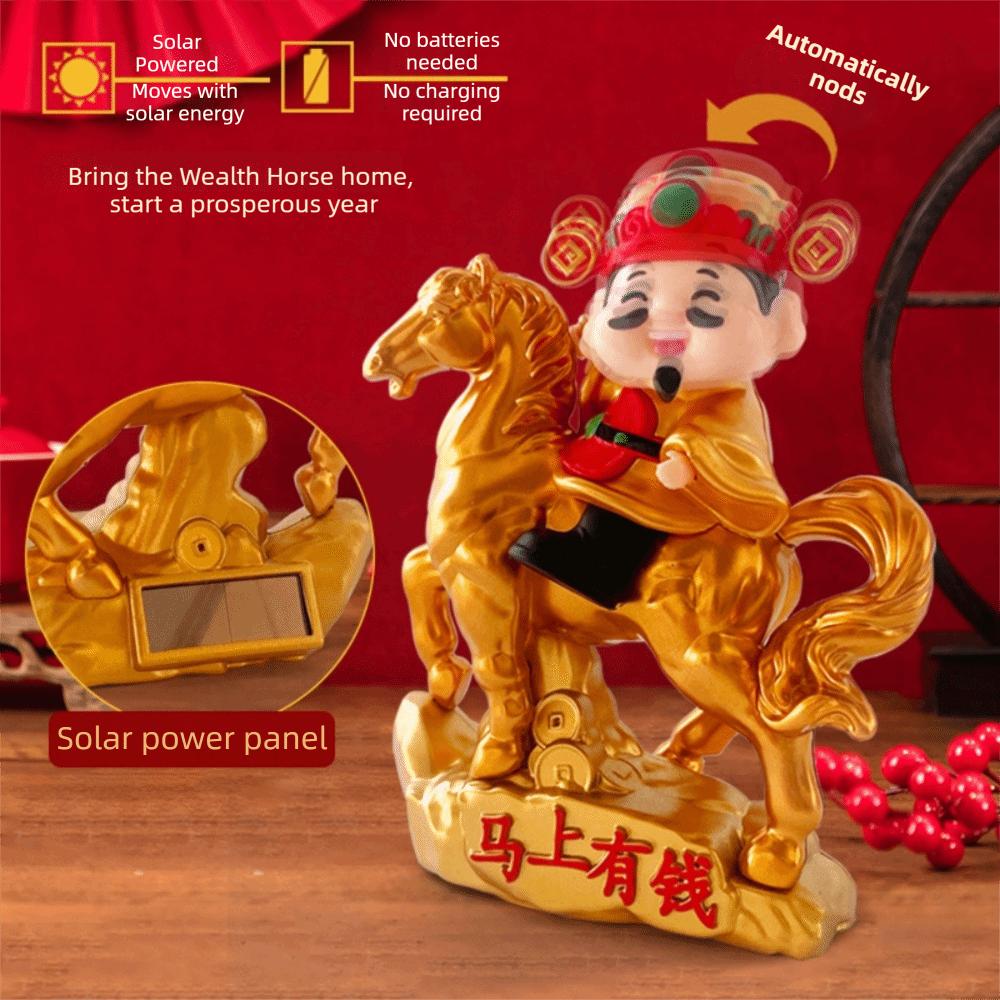 Chinese Style God of Fortune Sculpture Auto Shaking Zodiac Horse God of Wealth Car Ornament Solar Powered Lovely Design