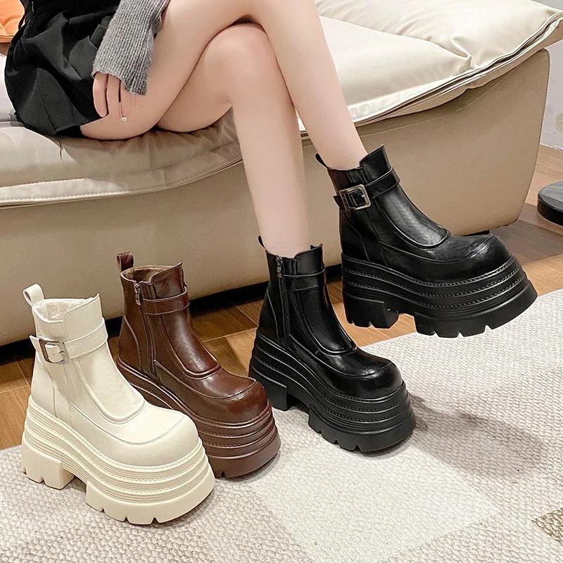 Нові Жіночі Хутряні Ботильйони на Щиколотці Товста Підошва Шкіряні Бойові Мотоциклетні Чоботи Осінь Зима Теплі Плюшеві Висока Платформа Зимове Взуття Жіноче 10 СМ