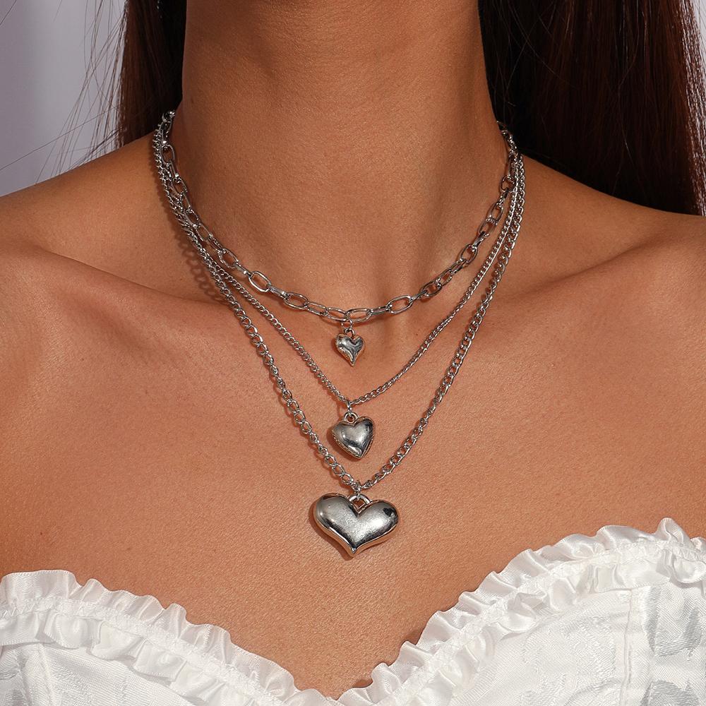 New Silver Color Love Heart Pendant Necklace Multilayer Choker Necklaces Chain for Women Metal Punk Jewelry Gifts