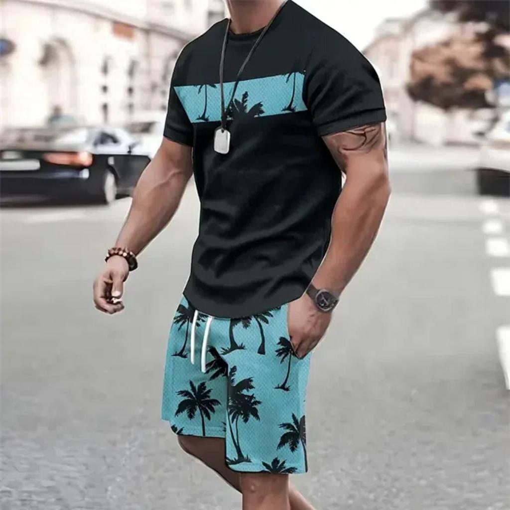 Καλοκαιρινό Σετ Μπλούζα και Σορτς Μόδας Υψηλής Αισθητικής Δρόμου Ανδρικό Ανδρικό 3D Κοντομάνικο Άνετο Τοπ Στυλ με Εκτύπωση Ντεγκραντέ Καρύδας