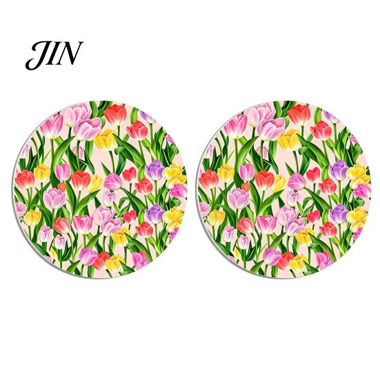 Wear-resistant Cup Coasters 2Pcs Silicone Coaster for Car, Round Non-Slip Heat Resistant Mat Mats with Tulip Black Cat Design, Waterproof Coffee A