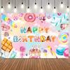 Sweet candy ground photo background, colorful lollipops, donuts, cake ice cream, children birthday party photography background
