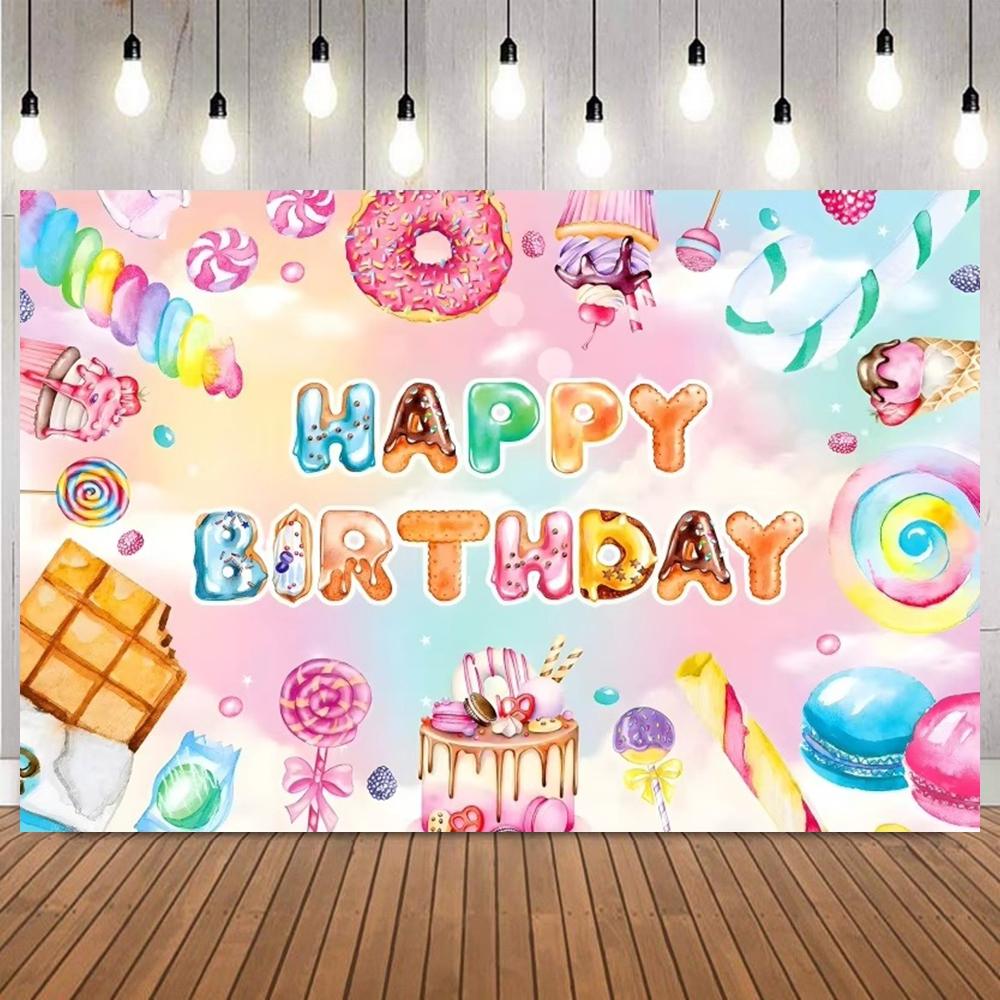 Sweet candy ground photo background, colorful lollipops, donuts, cake ice cream, children birthday party photography background