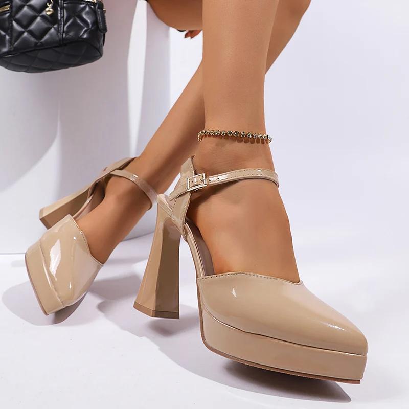 Fashion Patent Leather High Heel Sandals for Women Fashion Ankle Strap Banquet Party Shoes Woman Pointed Toe Platform Slingback Pumps
