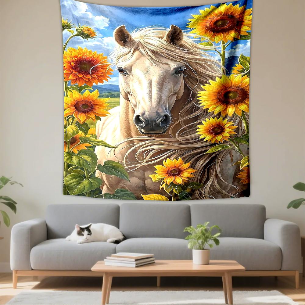 Golden Horse Among Sunflowers Patterned tapestry for bedroom and living room home decor