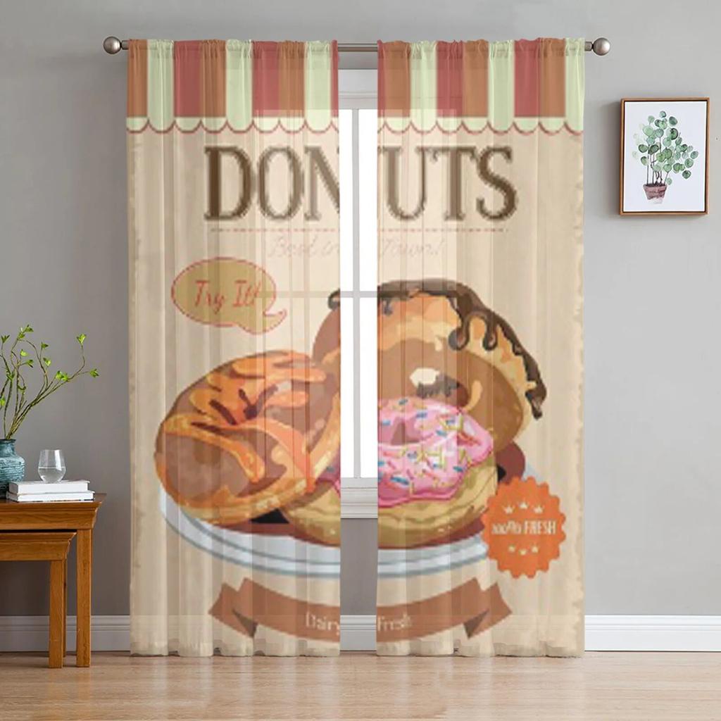 Vintage Donuts Poster With Label Sheer Curtains for Living Room Transparent Tulle Window Curtain Bedroom Kitchen Veil Drapes