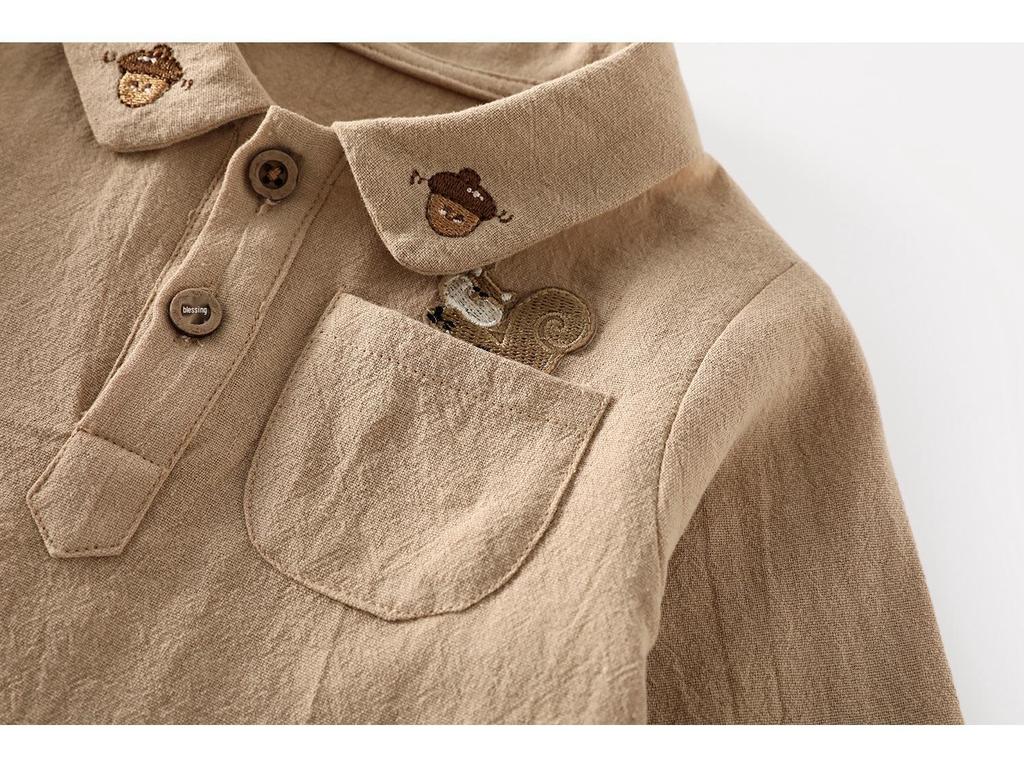 New Autumn 2025 Boys' Embroidered Squirrel Shirt: Stylish Korean-Style Top for Kids