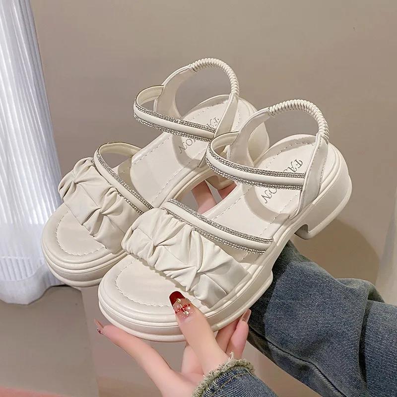 

2024 Лето Новые Круглые Носки Открытый Носок Однотонные Водные Алмазные Пряжки Толстая Подошва Сексуальные Удобные Сандалии Для Внешнего Ношения 35 бежевый