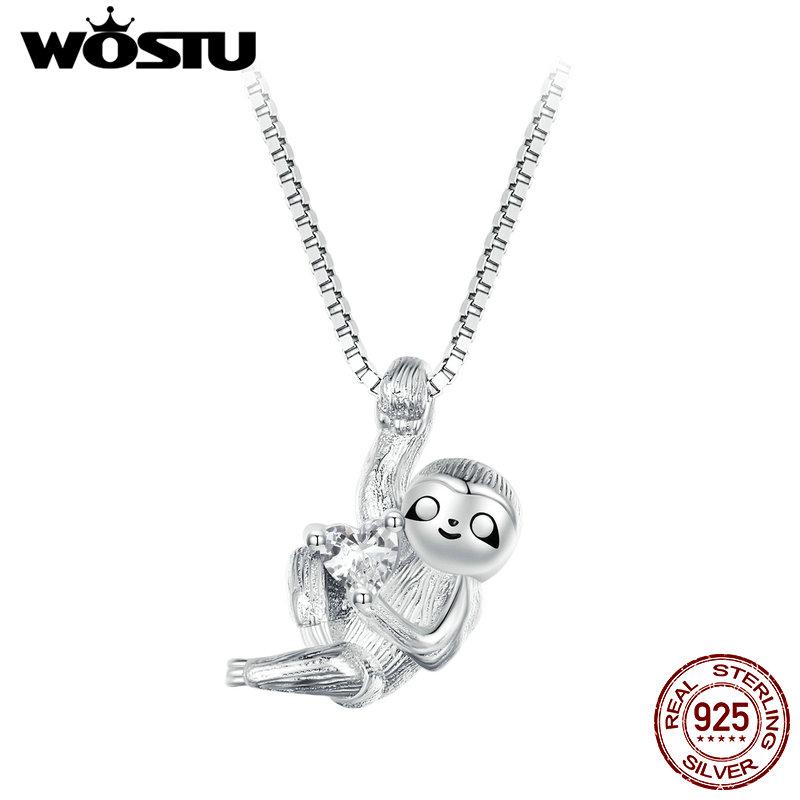

WOSTU Стерлингового Серебра 925 Яркий Ленивец Подвеска Ожерелье Животное Цепочка на Шею для Женщин Подарок На День Рождения Ювелирные Изделия 925 silver