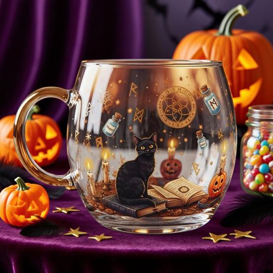 Yousheng Halloweenský malovaný skleněný hrnek Strašidelný vzor černé kočky a dýně Čajový šálek Dvoustěnný hrnek na kávu na horké studené nápoje