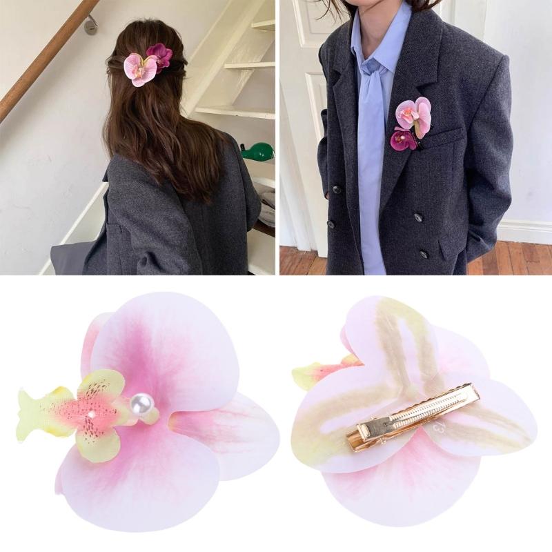 Set of 2 French Floral Hair Grip Pink Orchids Flower Hairpin Stylish Hair Grips for Girl Sweet Side Barrettes Jewelry