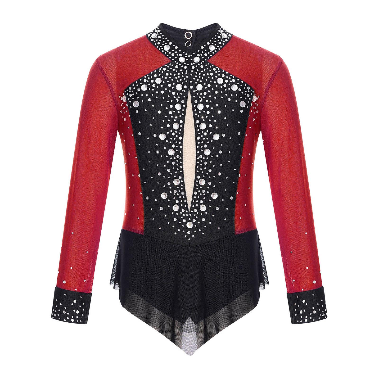 

Дівчачий блискучий леотар зі стразами, кольоровий блок, прозора сітка, печворк, боді зі спідничкою для танців, фігурного катання, художньої гімнастики, виступів 5-6 Years бордовий