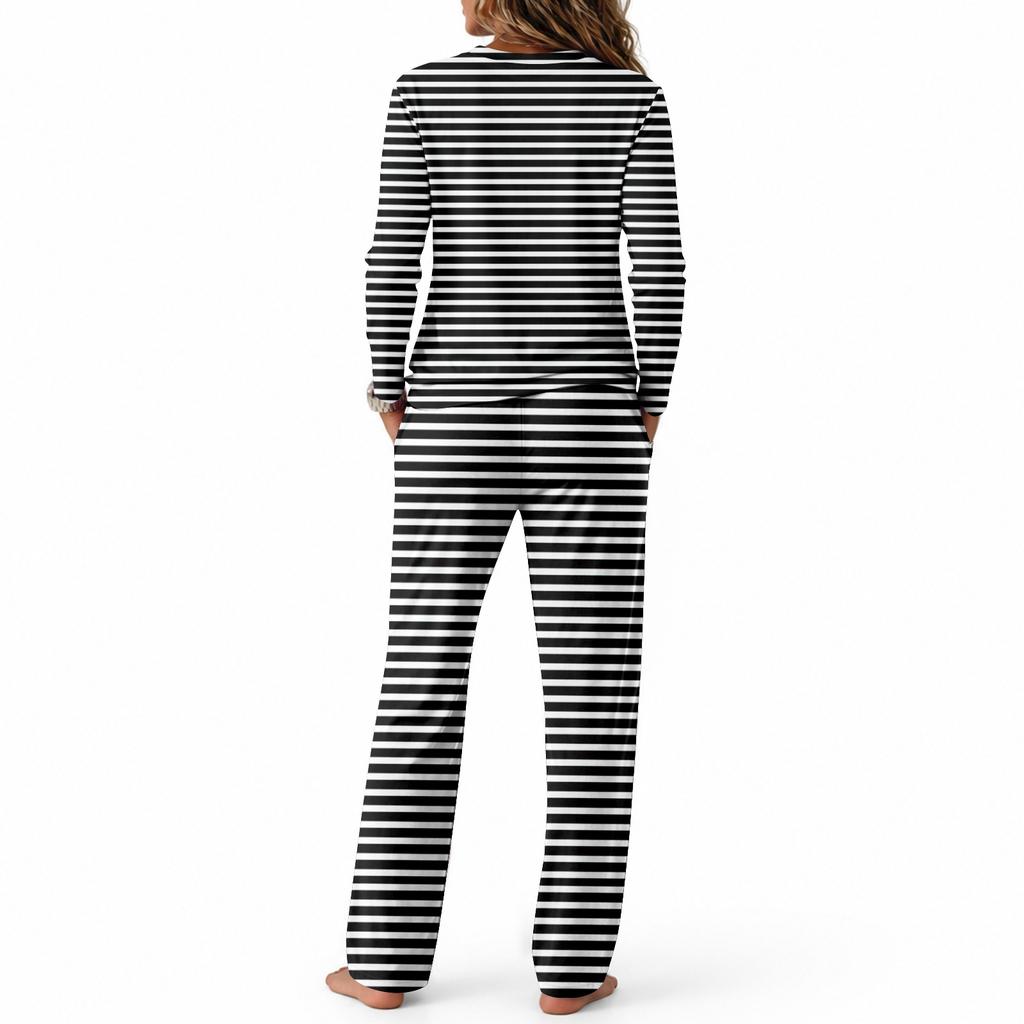 Women's Round Neck Long Sleeve Pajama Set with Drawstring Wide Leg Pants for Sleepwear Loungewear