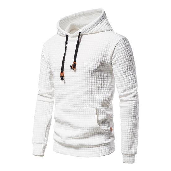 Long Sleeves Drawstring Pocket Waffle Fabric Men Sweatshirt Spring Autumn Plaid Quilting Solid Color Hoodie