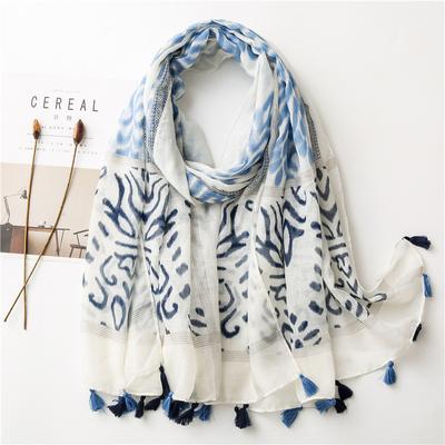 Boho Blue Print Scarf Breathable & Sun-Proof, Decorative Beach Shawl with Fringe, Inelastic Bohemian Style, Hand Washable