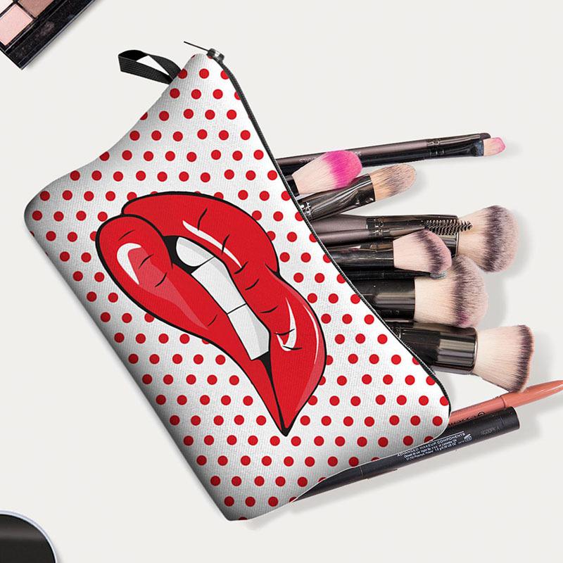 1pc Sexy Red Lips Polka Dot Pattern Printed Makeup Bag Perfect for Women Girls Travel And Vacation Storage Bag