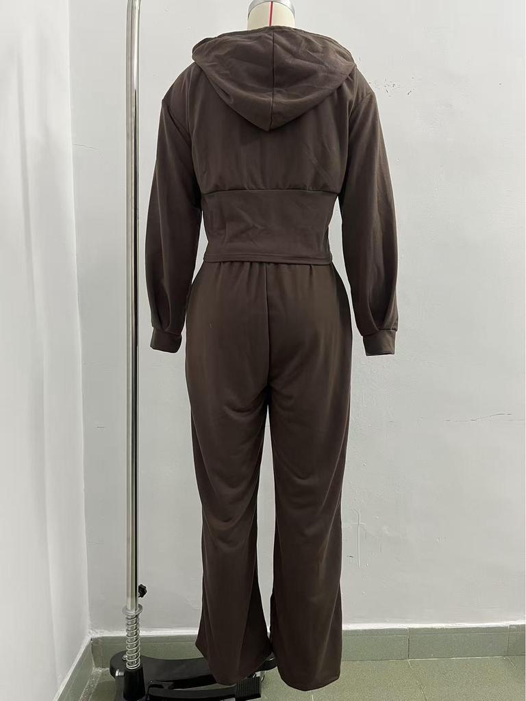 2025 Autumn/Winter European & American Solid Color Hooded Zip-Up Top and Wide-Leg Pants Set