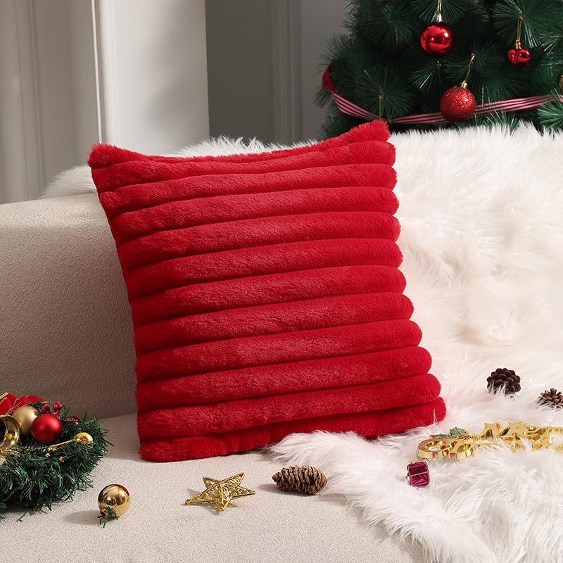 Autumn & Winter Plush Stripe Lumbar Pillow - Christmas Orange & Halloween Rabbit Fur Texture Throw Cushion