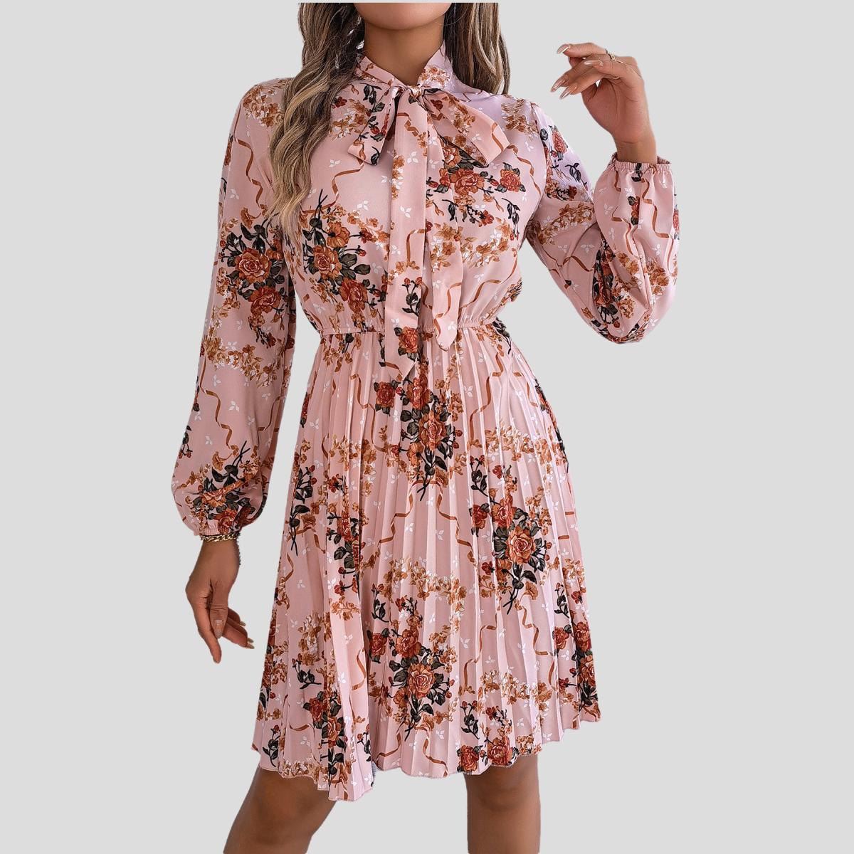 Autumn Women s Casual Dress Elegant Floral Print Tie-Waist Long Sleeve Pleated Dress S розовый