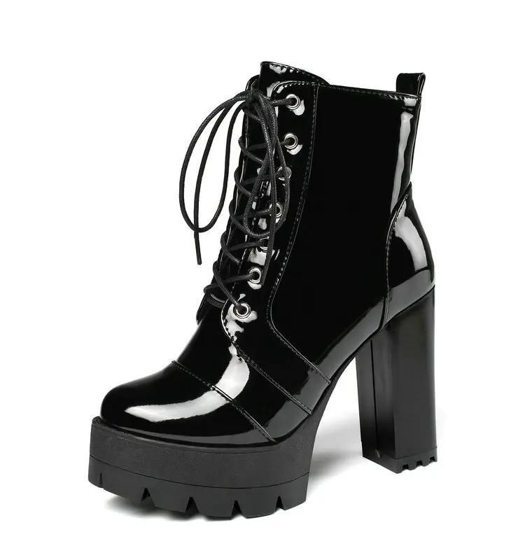 Fashion Autumn winter super high heel short boots women's thick heel waterproof platform lace up boots patent leather high heel shoes