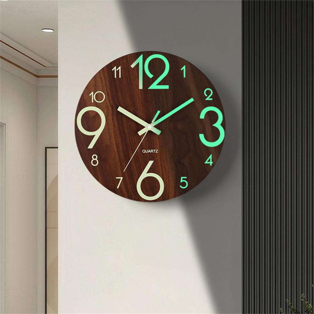 8" Silent Luminous Wall Clock, Wood Grain MDF, Fluorescent Quartz Clock