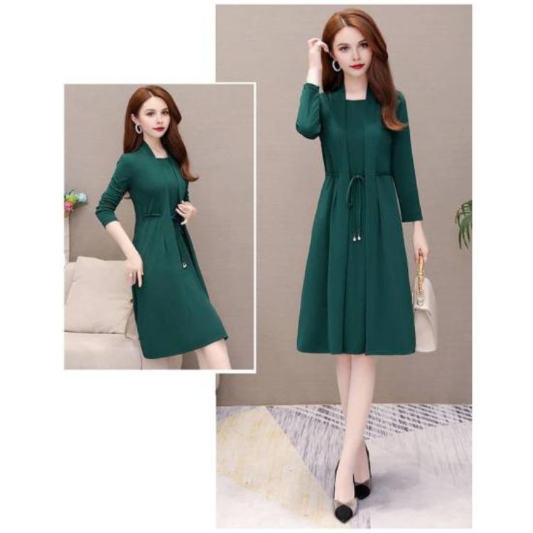 Elegant Plus Size Lady Dress Formal Office Commuting Midi Dress Long Sleeve A-line Lace-up Strap Fake Two-piece Style