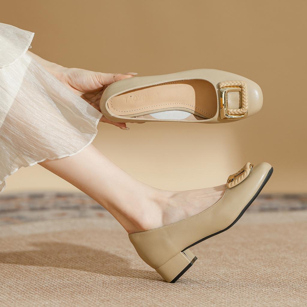 Leather thick heel low heel single shoes women's Korean version white light mouth square head metal buckle fashionable versatile French high heel wom