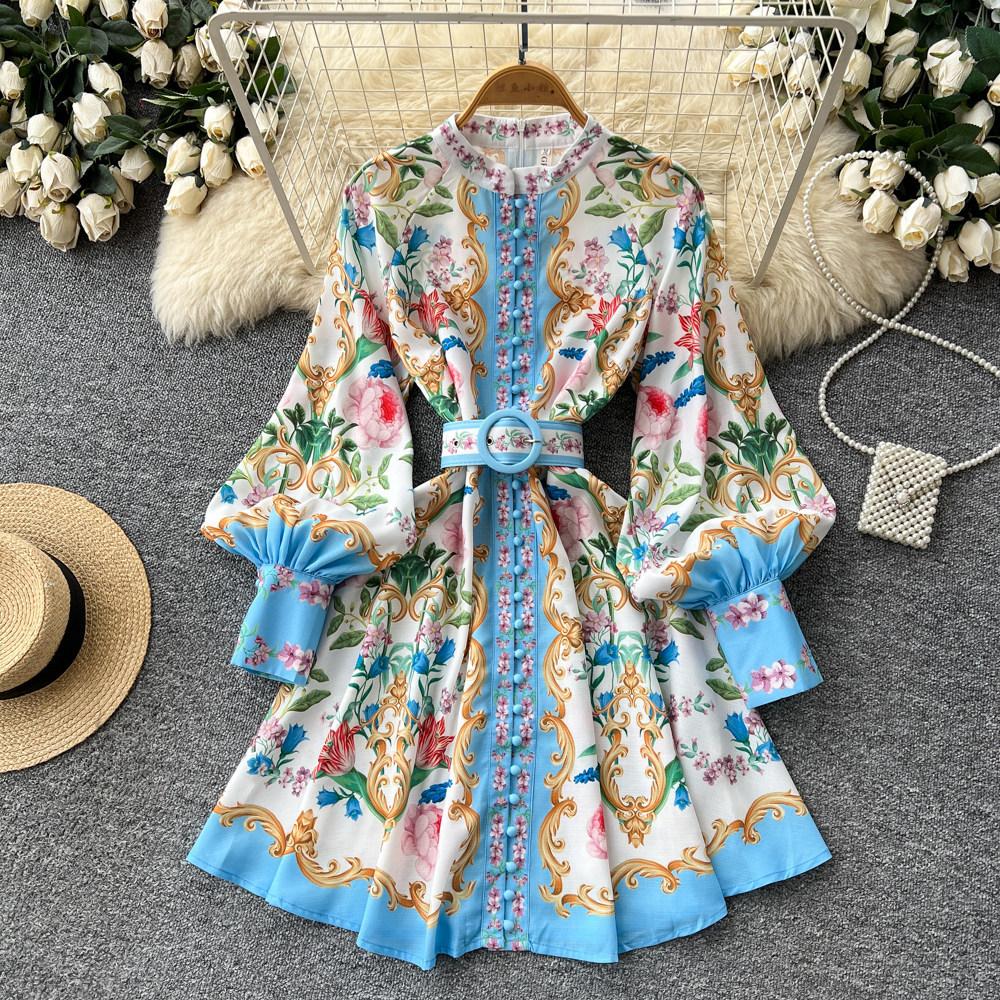 Court style V-neck lantern sleeve printed dress women's spring and summer waist thin A-shaped skirt commuting