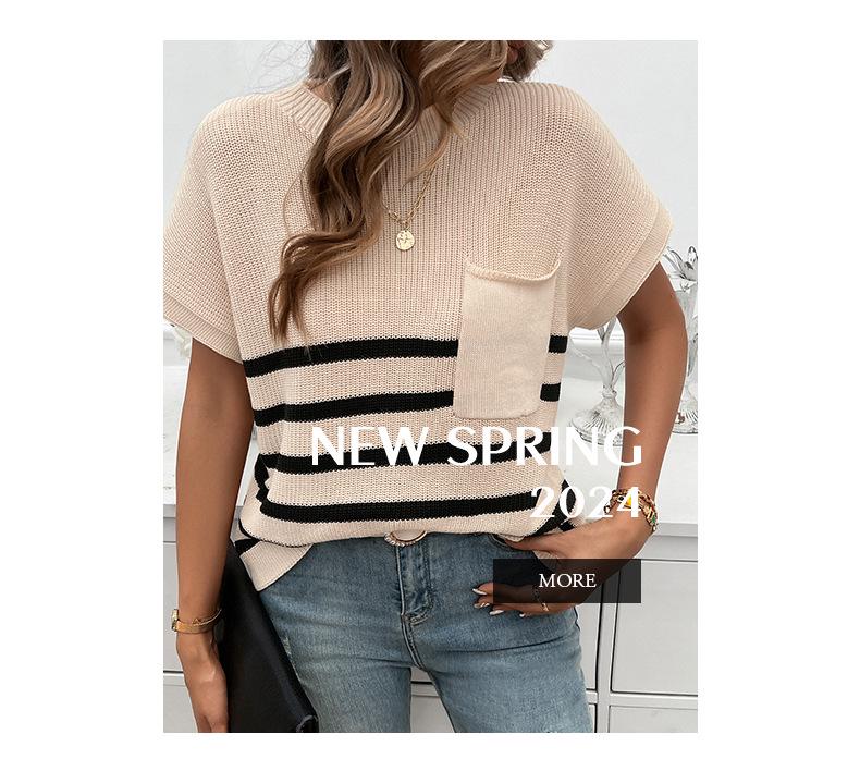 Women's Round Neck Striped Color Block Short Sleeve Sweater