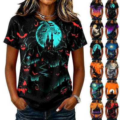 Women's Casual Pullover Short Sleeve T-Shirt Halloween Print Top Crew Neck Relaxed Fit Lightweight Tee for Everyday Wear