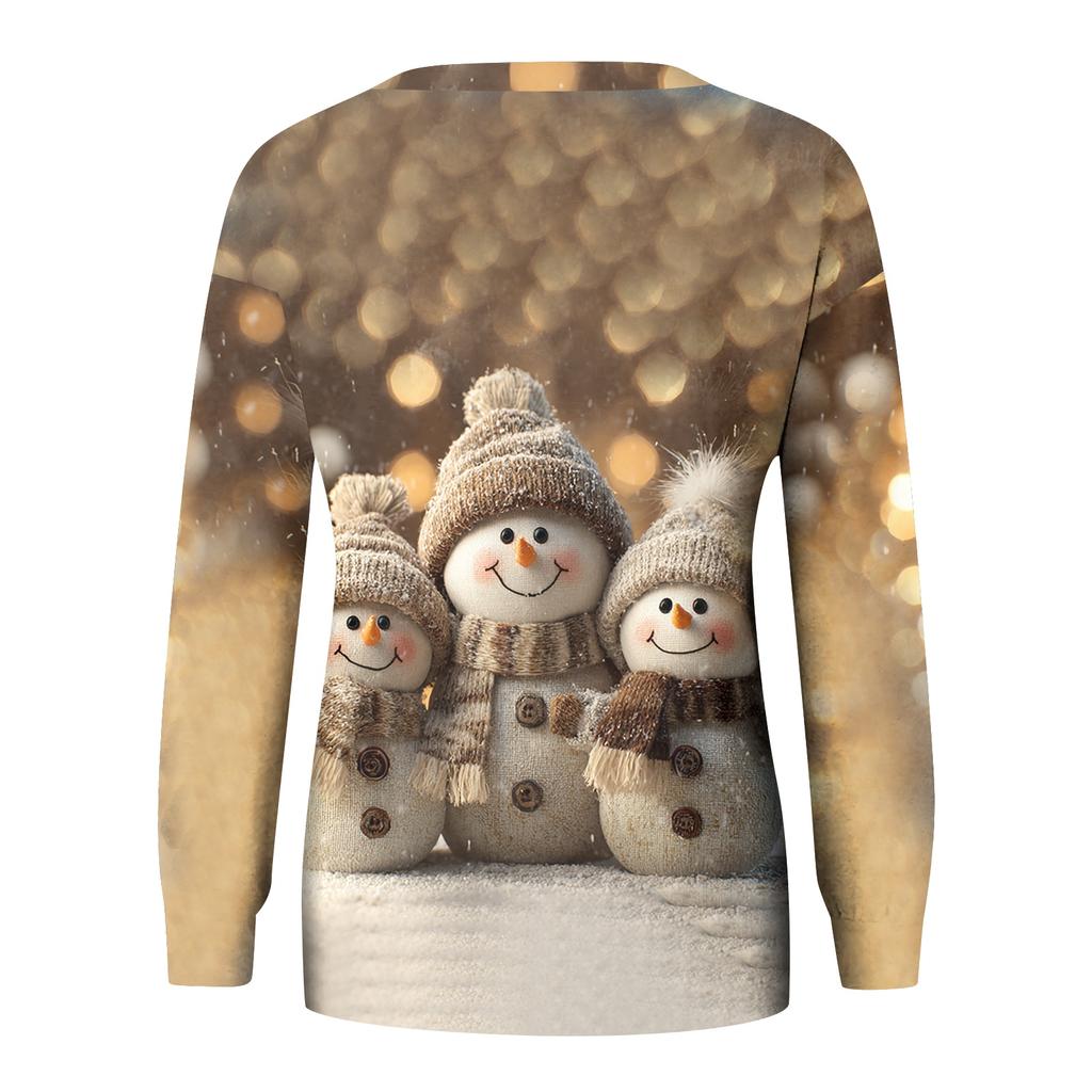 Women's Fashionable Casual Long-sleeved Retro Christmas Snowman Print Round Neck Top
