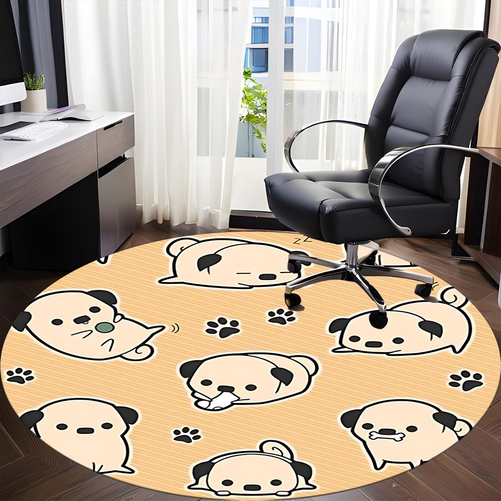 1PCPug Pattern Office Round Area Rug,  Mat Suitable For Office, Under Office Chairs Bedroom Living Room Home Decor, Room Deco