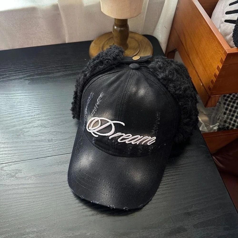 

Windproof Earmuffs Baseball Hats Broken Style Letter Embroidery Bomber Caps Retro Versatile Fashion Winter Warm Hat чёрный