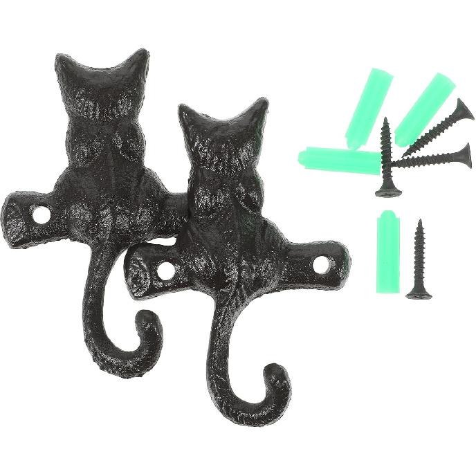 STOBAZA 2 Heavy Duty Coat Hook Cast Iron Cat Wall Hook,Decorative Hook Rustic Black Hooks,Single Key Hook Animal Wall Hanging Hook,Suitable for
