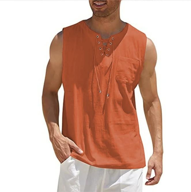 Men's Fashion Short Sleeve T-Shirt Solid Color Cotton Linen Vest Shirt Cross Border Selling Item